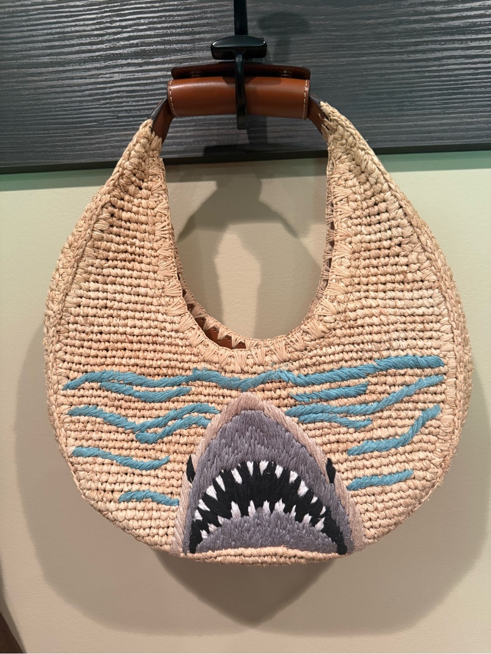 STAUD Moon Tote - Natural Straw Hobo with Blue Wave & Gray Shark Embroidery